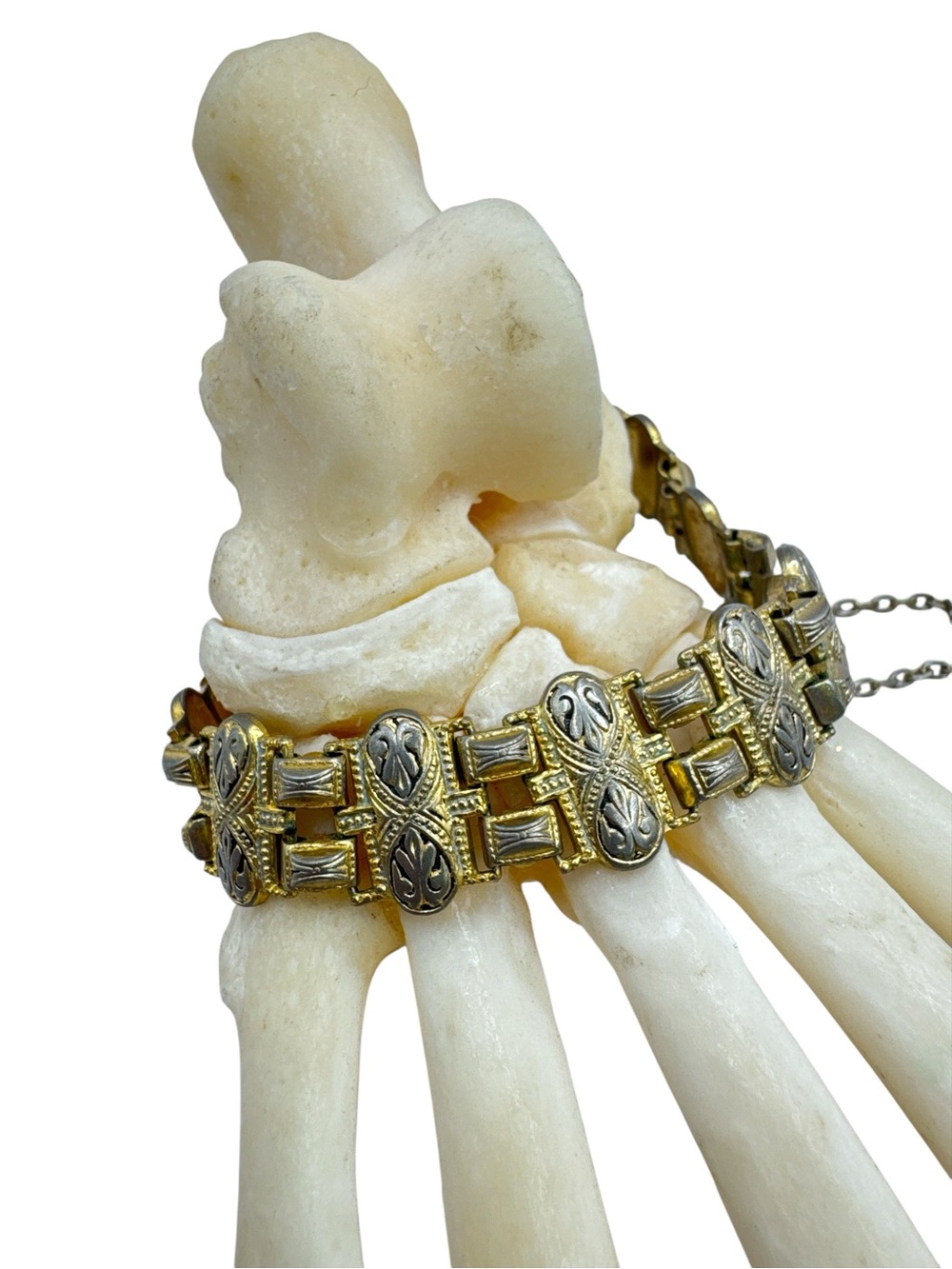 Vintage Spanish Toledo Style Damascene Link Panel Bracelet Silver Gold Two Tone